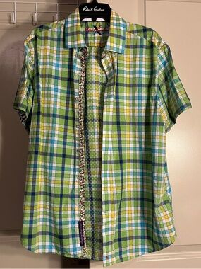 Robert Graham Green Blue Yellow Plaid Short Sleeve Button-Down Shirt